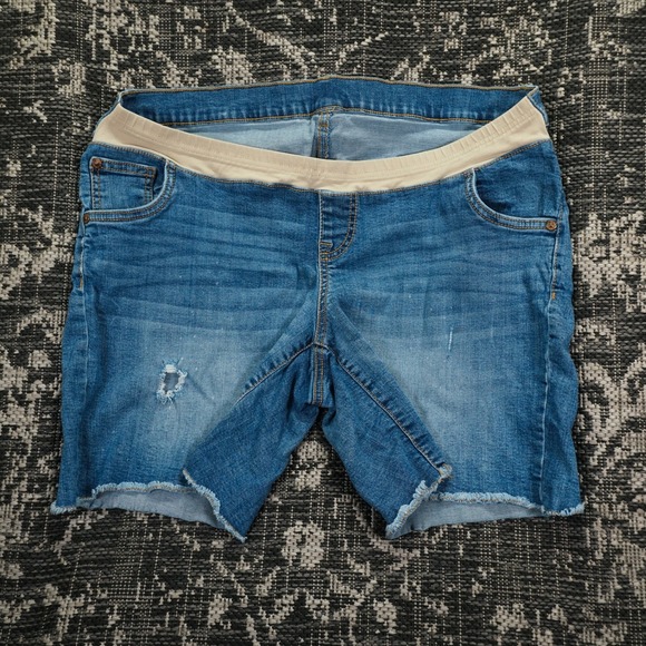 Indigo Blue Maternity Denim Shorts Women's L-XL Distressed Medium Wash READ - Picture 1 of 8